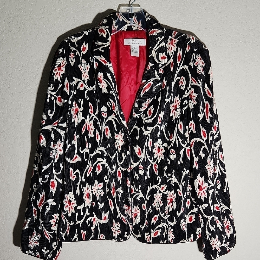 Savvy Rafael Womens Blazer Size 14 Black Red Floral Velvet Jacket Runched Retro